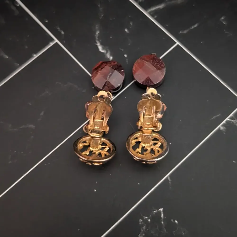 Vintage Birch Hill Clip On Earrings Brown Semi Precious Dangle - Fair Condition